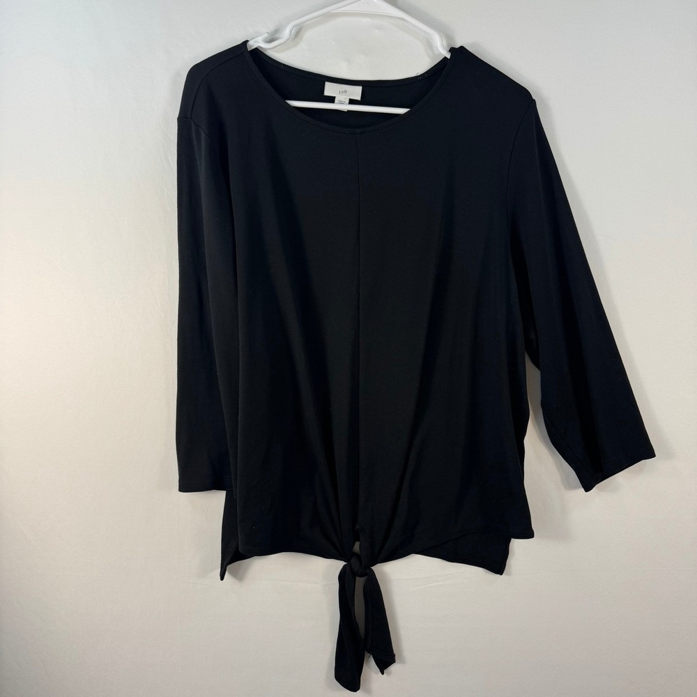 J. Jill Black Tie Front 3/4 Sleeve Knit Top XL Cotton Modal Blend Crew Neck